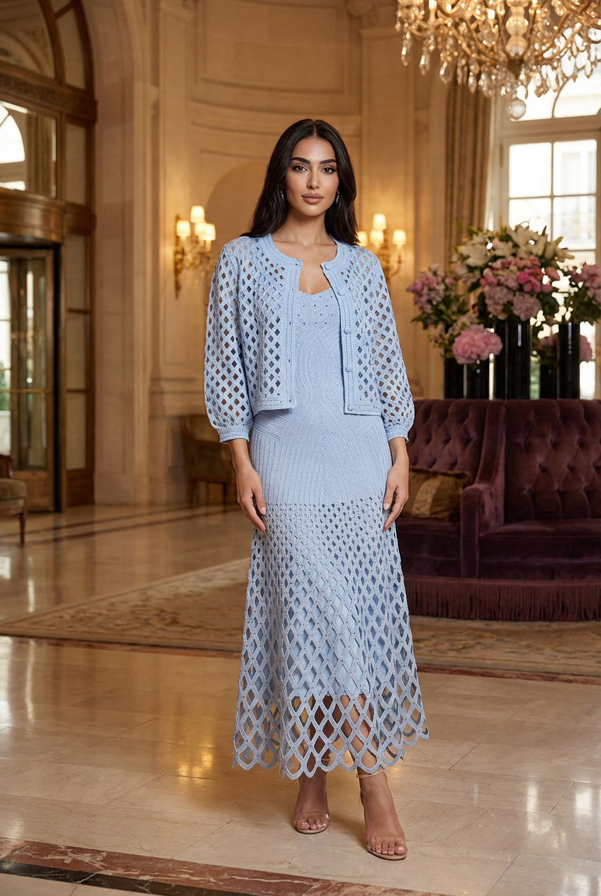 French Elegant Diamond Hollow Knit Cardigan & Strap Dress Set