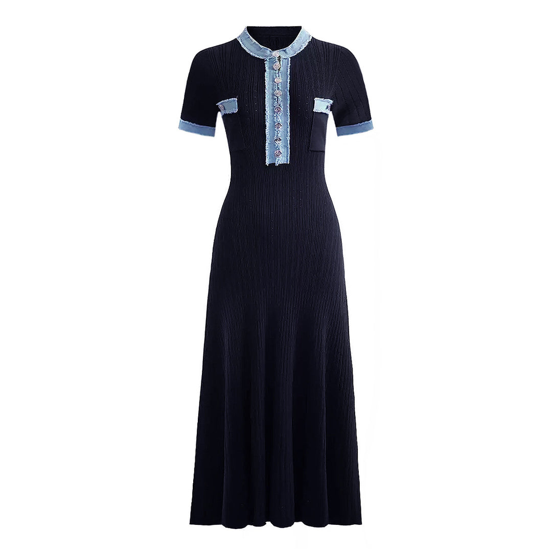 Aurelie Denim Patchwork Sculpting Knit Midi Dress