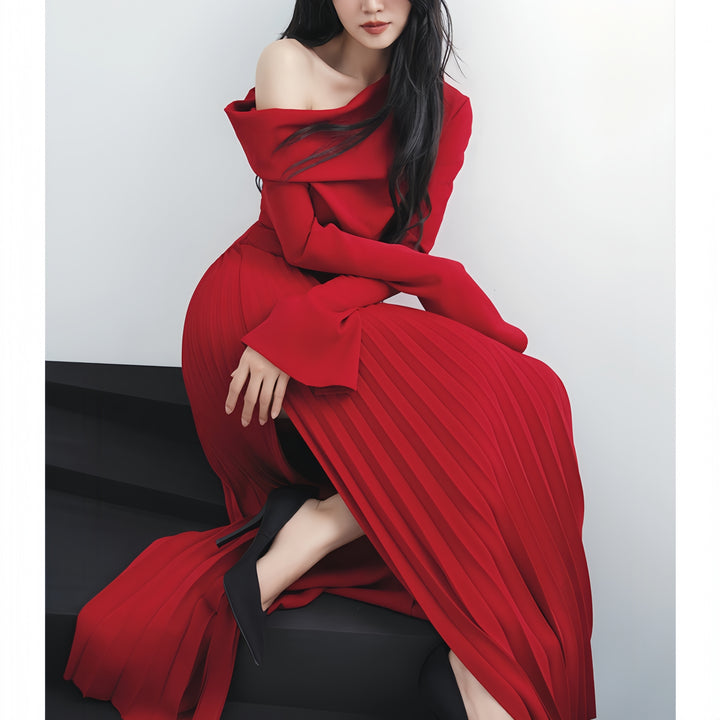 Robe longue plissée rouge élégante sans bretelles