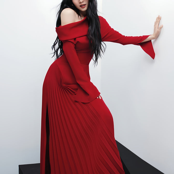 Robe longue plissée rouge élégante sans bretelles