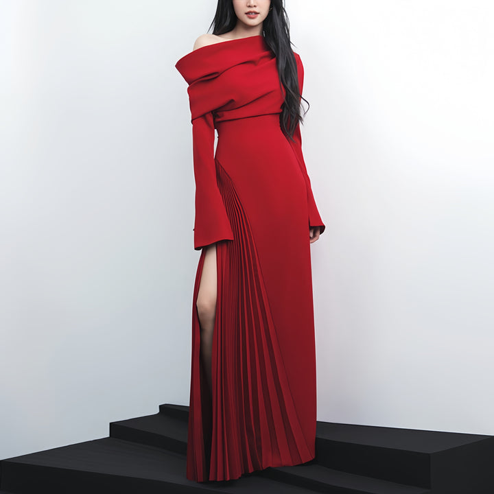 Robe longue plissée rouge élégante sans bretelles