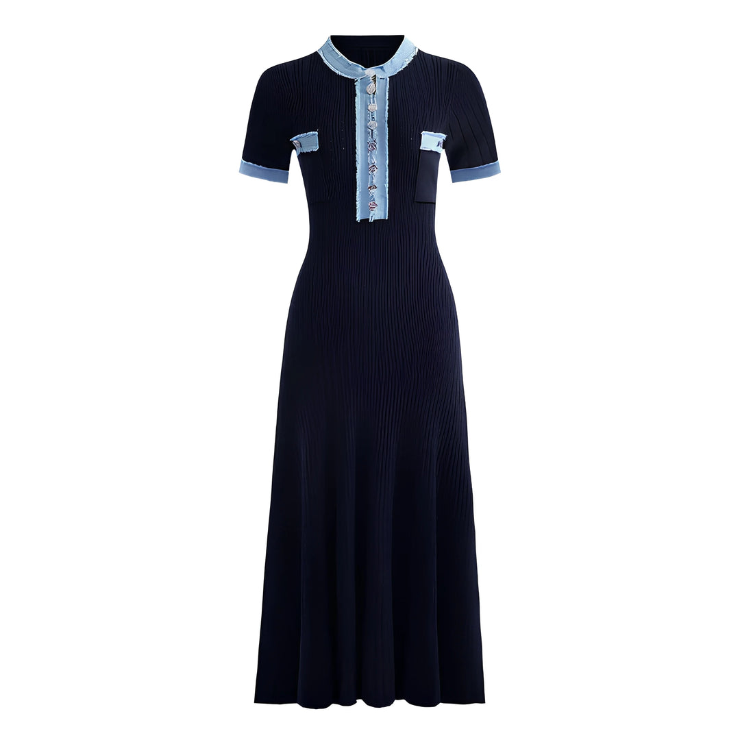 Aurelie Denim Patchwork Sculpting Knit Midi Dress