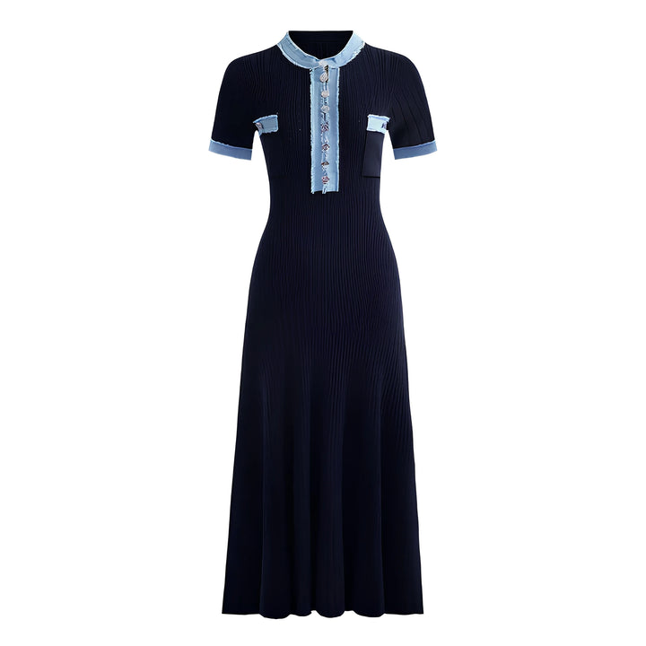 Aurelie Denim Patchwork Sculpting Knit Midi Dress