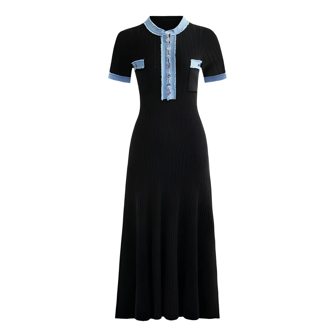 Aurelie Denim Patchwork Sculpting Knit Midi Dress