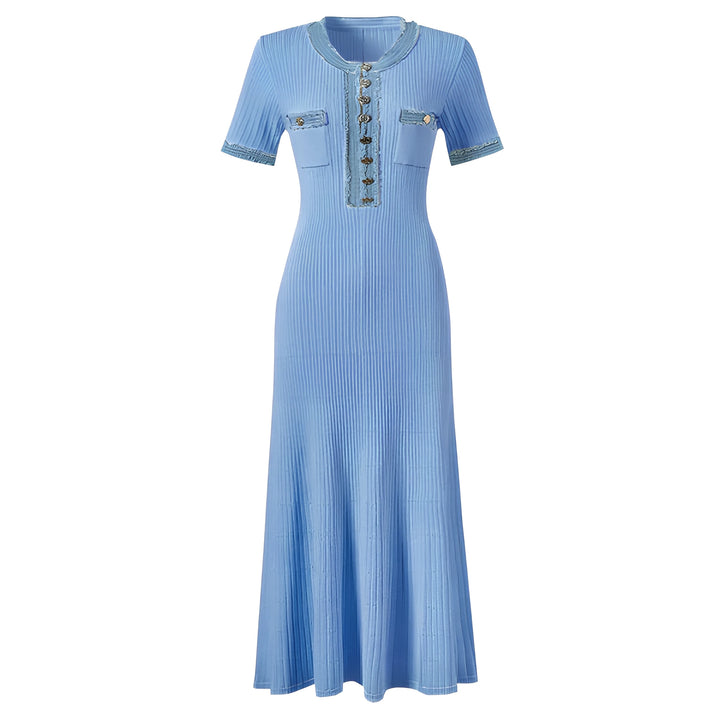 Aurelie Denim Patchwork Sculpting Knit Midi Dress