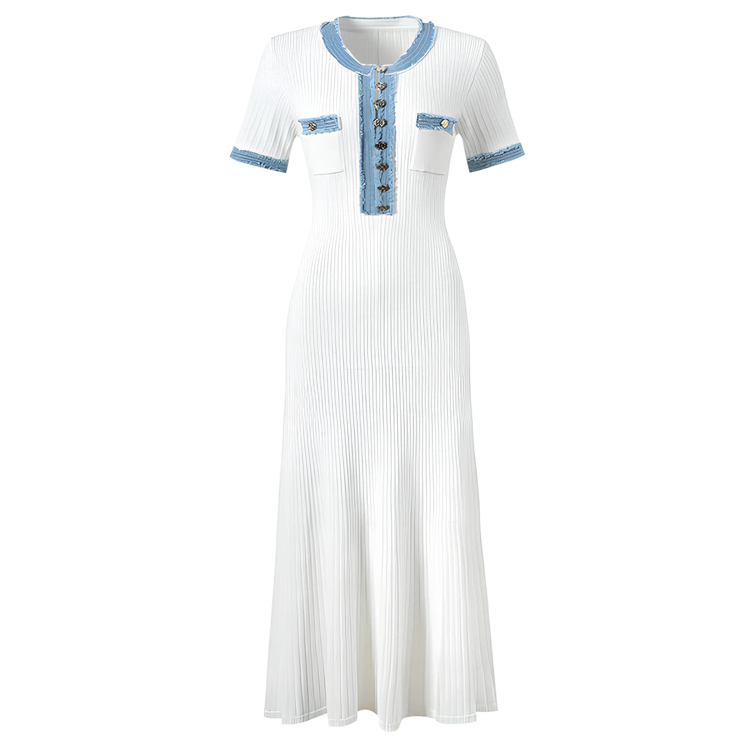 Aurelie Denim Patchwork Sculpting Knit Midi Dress