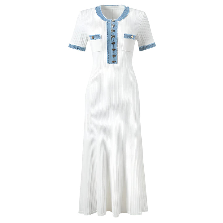 Aurelie Denim Patchwork Sculpting Knit Midi Dress