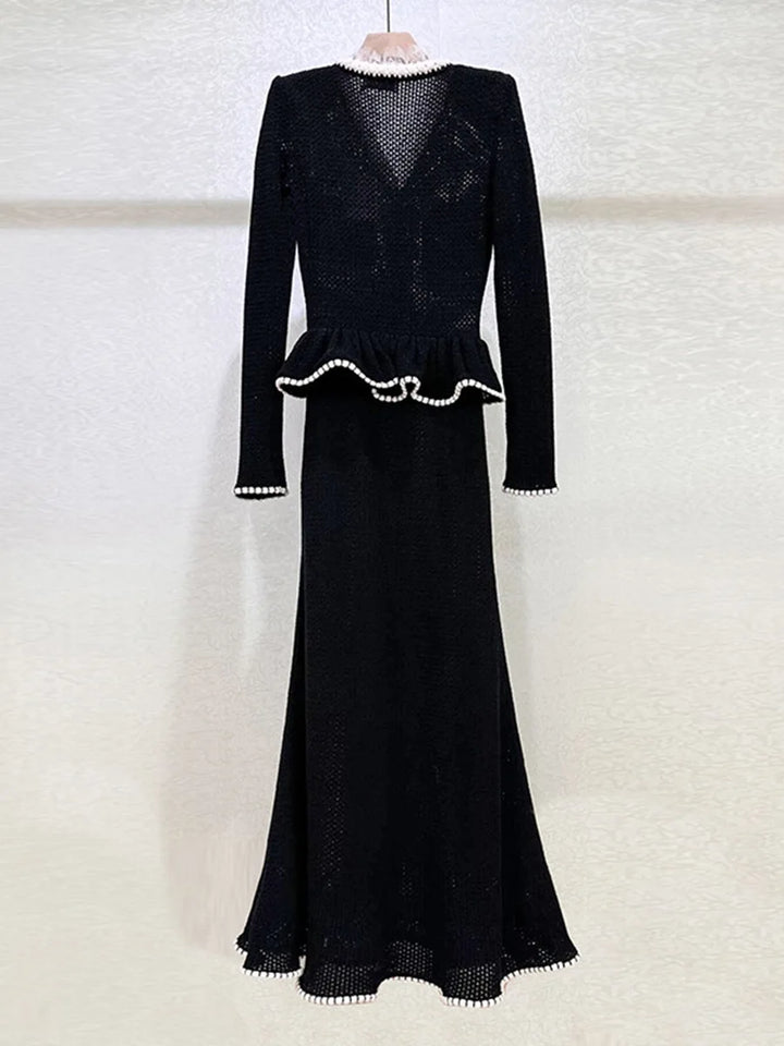 V-Neck Lace-Paneled Waist-Cinching Fishtail Black Knit Maxi