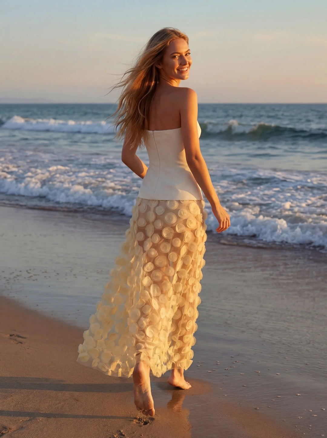 Apricot Strapless 3D Floral Mesh Sheer Maxi Gown