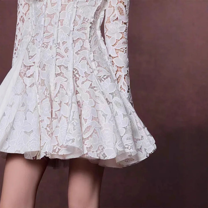 Elegant Round Neck Crochet Lace Hollow-Out Long Sleeve Dress