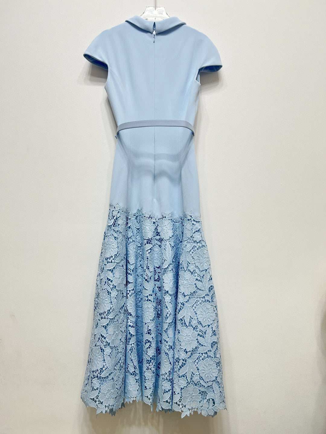 Blue Lace Patchwork Handmade Floral Waist-Cinching Long Dress