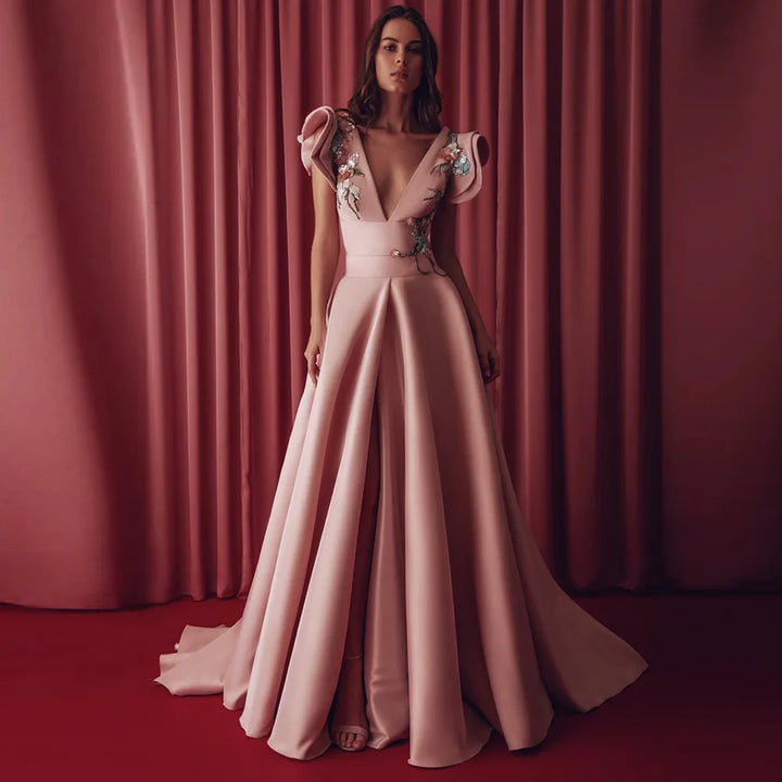 Rhinestone Hand-Beading V-Neck Evening Gown