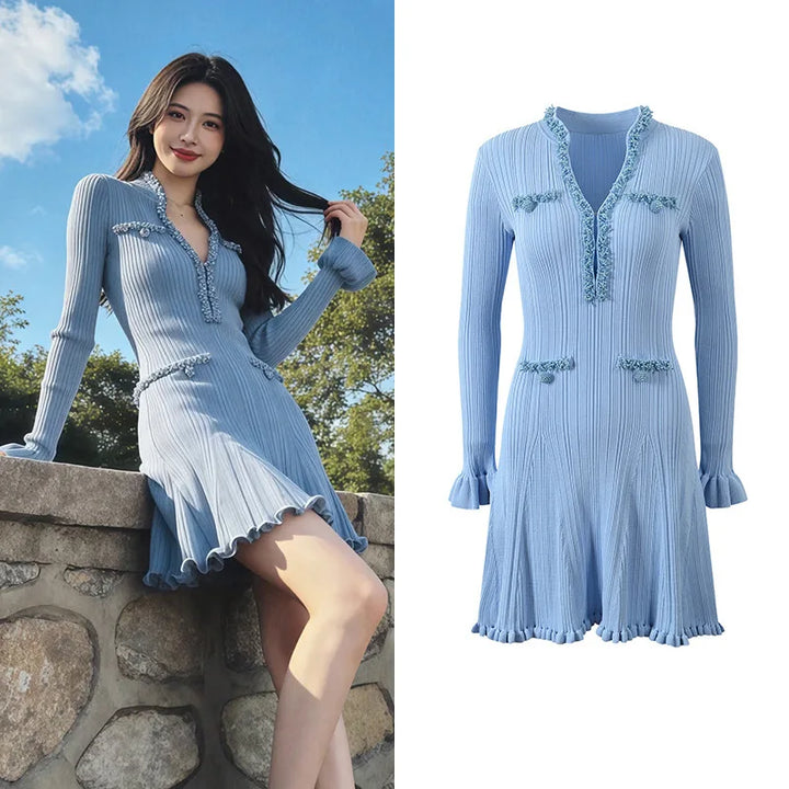 French Niche Beaded Slim Knitted Long Sleeve Dress