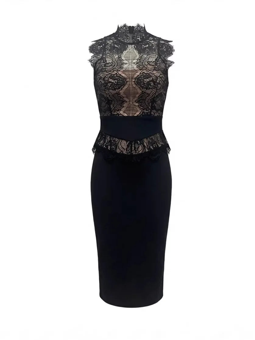 Black Lace Knitted Bandage Maxi Gown — Bestseller
