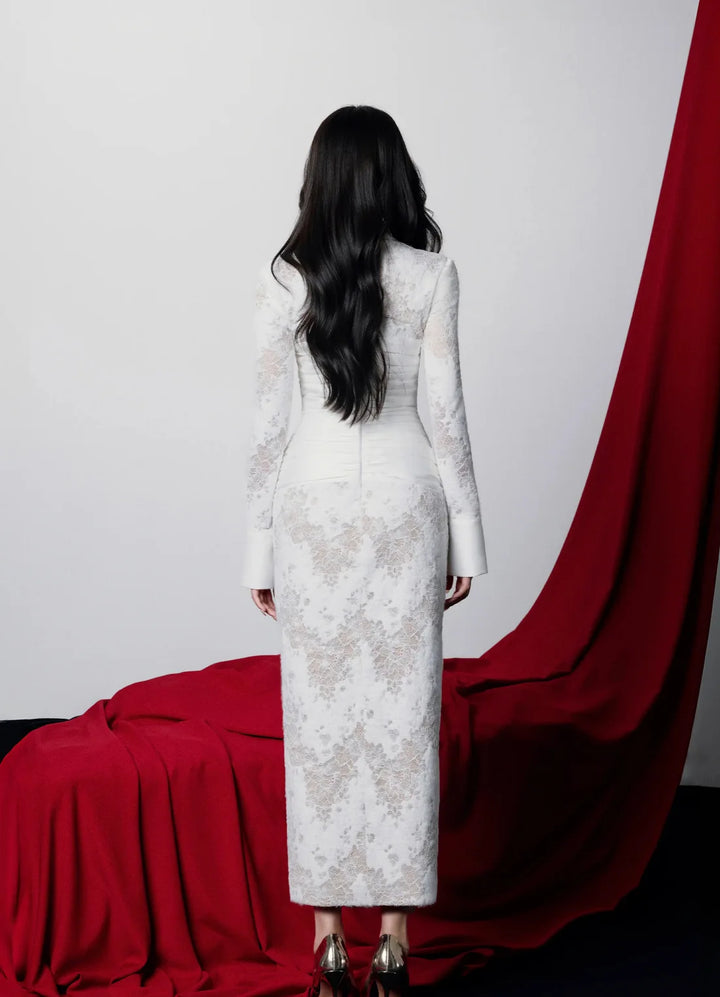White Lace Embroidery Long Sleeve Formal Evening Dress