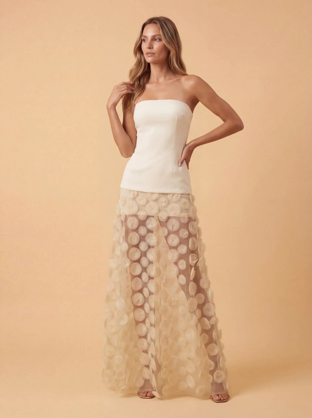 Apricot Strapless 3D Floral Mesh Sheer Maxi Gown