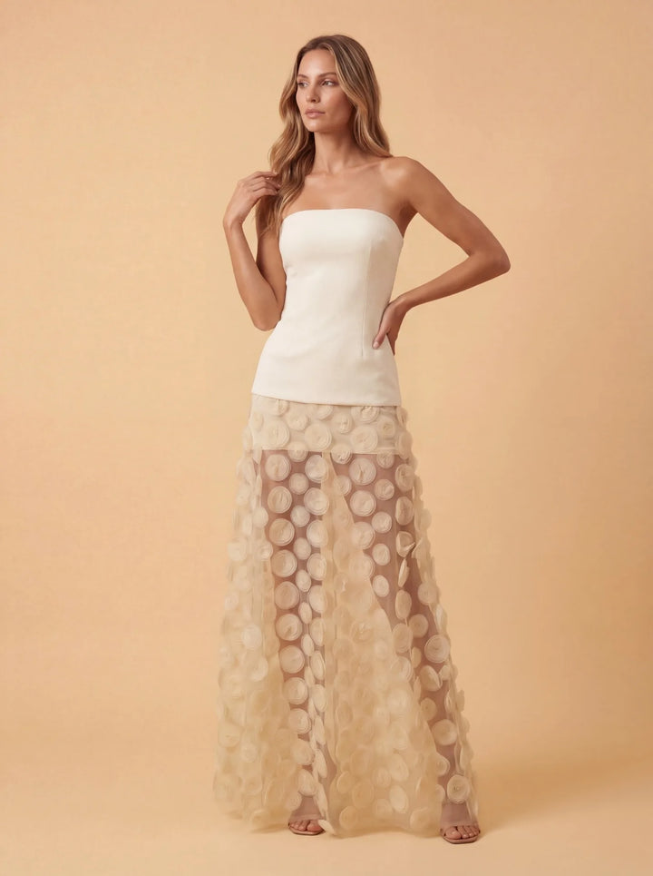 Apricot Strapless 3D Floral Mesh Sheer Maxi Gown