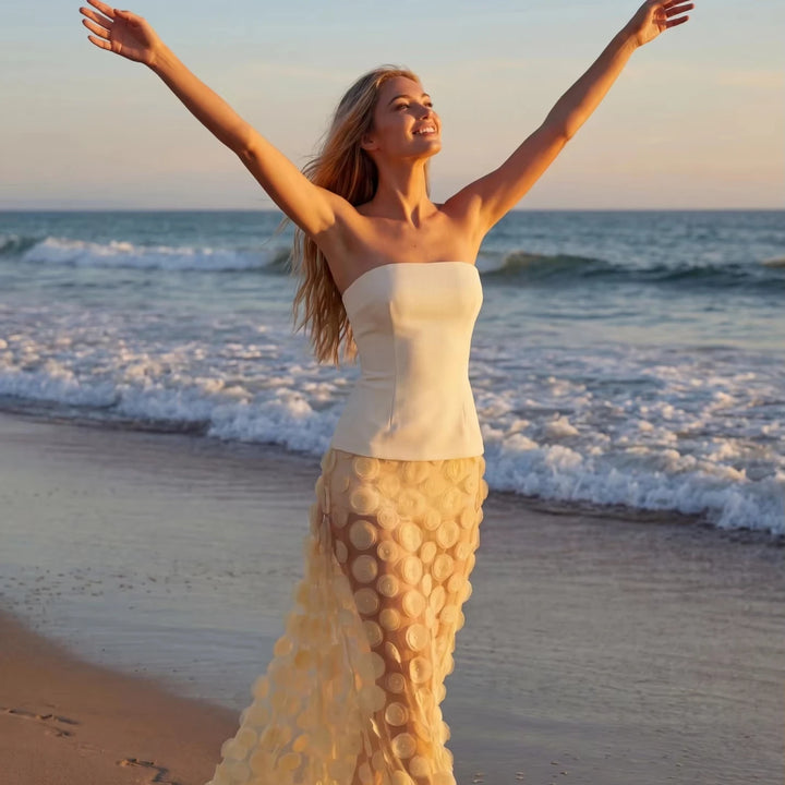 Apricot Strapless 3D Floral Mesh Sheer Maxi Gown