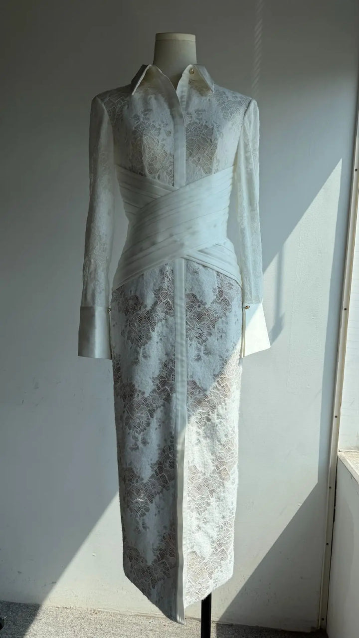 White Lace Embroidery Long Sleeve Formal Evening Dress