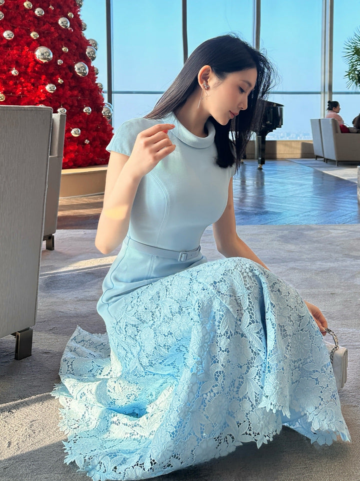 Blue Lace Patchwork Handmade Floral Waist-Cinching Long Dress