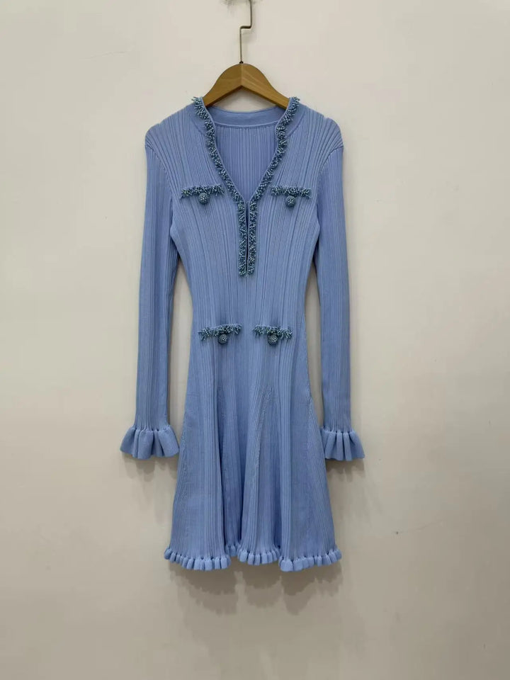 French Niche Beaded Slim Knitted Long Sleeve Dress