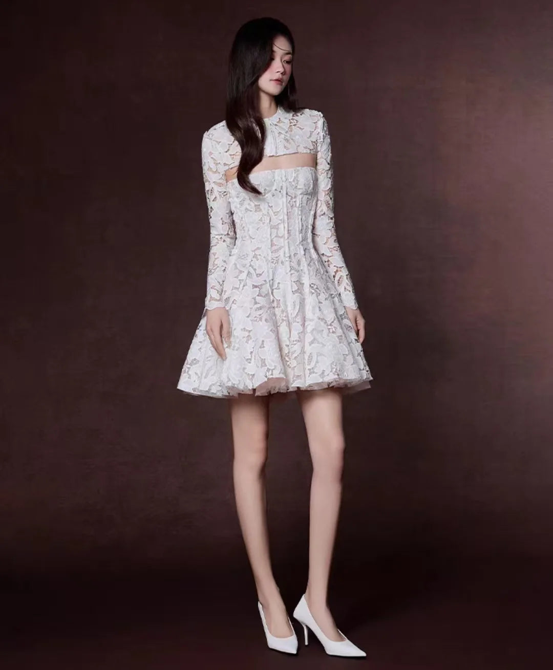 Elegant Round Neck Crochet Lace Hollow-Out Long Sleeve Dress