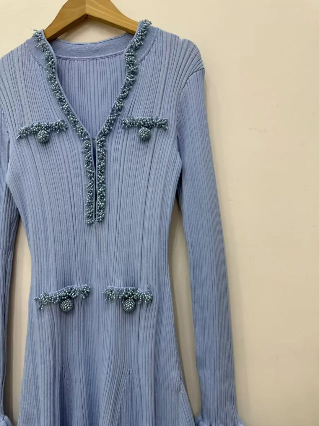 French Niche Beaded Slim Knitted Long Sleeve Dress