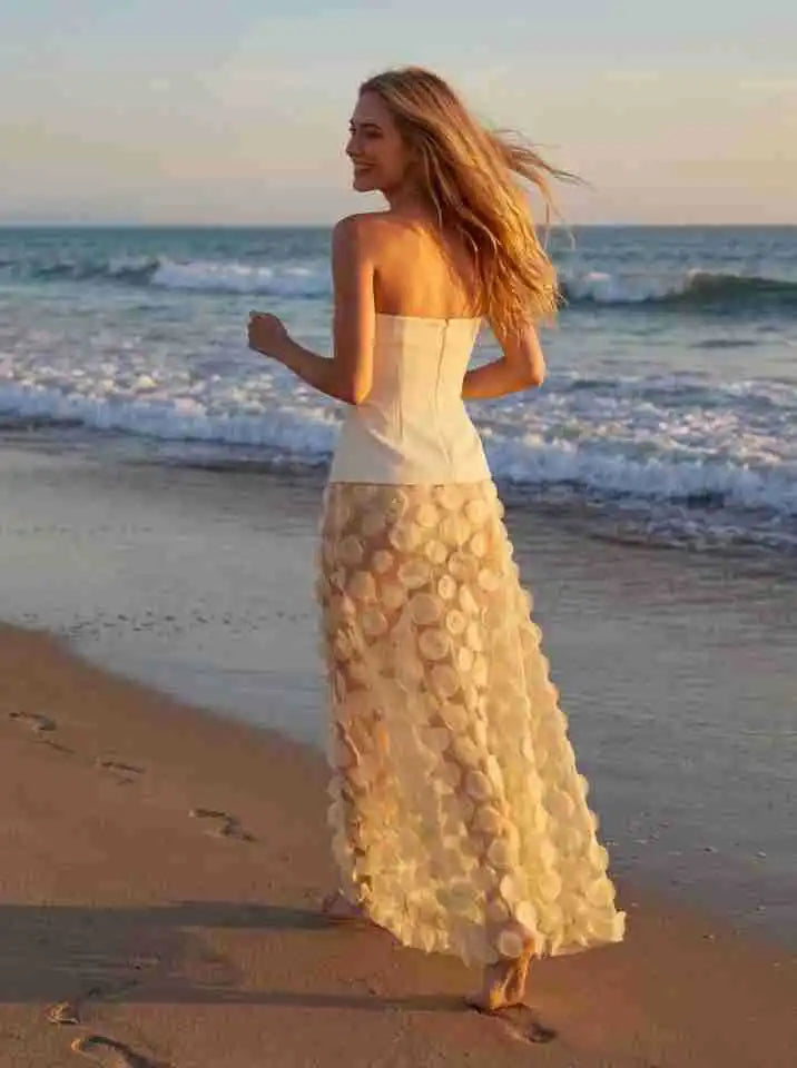 Apricot Strapless 3D Floral Mesh Sheer Maxi Gown
