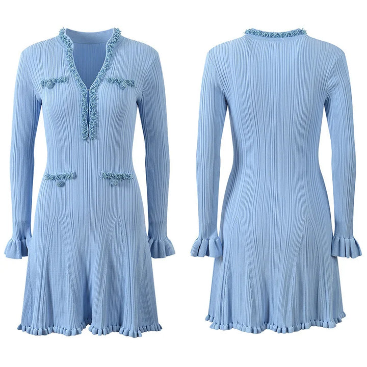 French Niche Beaded Slim Knitted Long Sleeve Dress