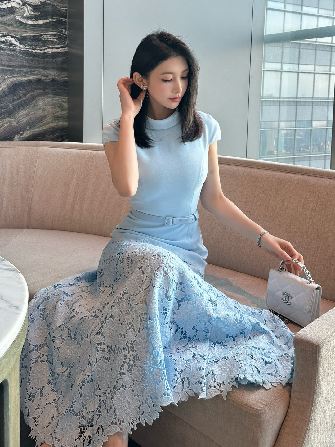 Blue Lace Patchwork Handmade Floral Waist-Cinching Long Dress
