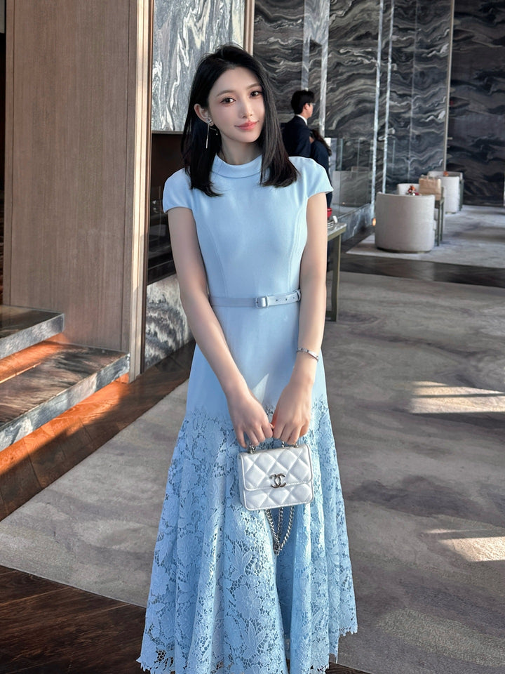Blue Lace Patchwork Handmade Floral Waist-Cinching Long Dress