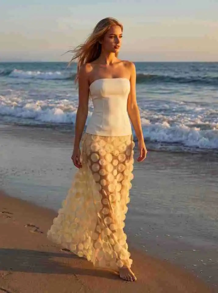 Apricot Strapless 3D Floral Mesh Sheer Maxi Gown