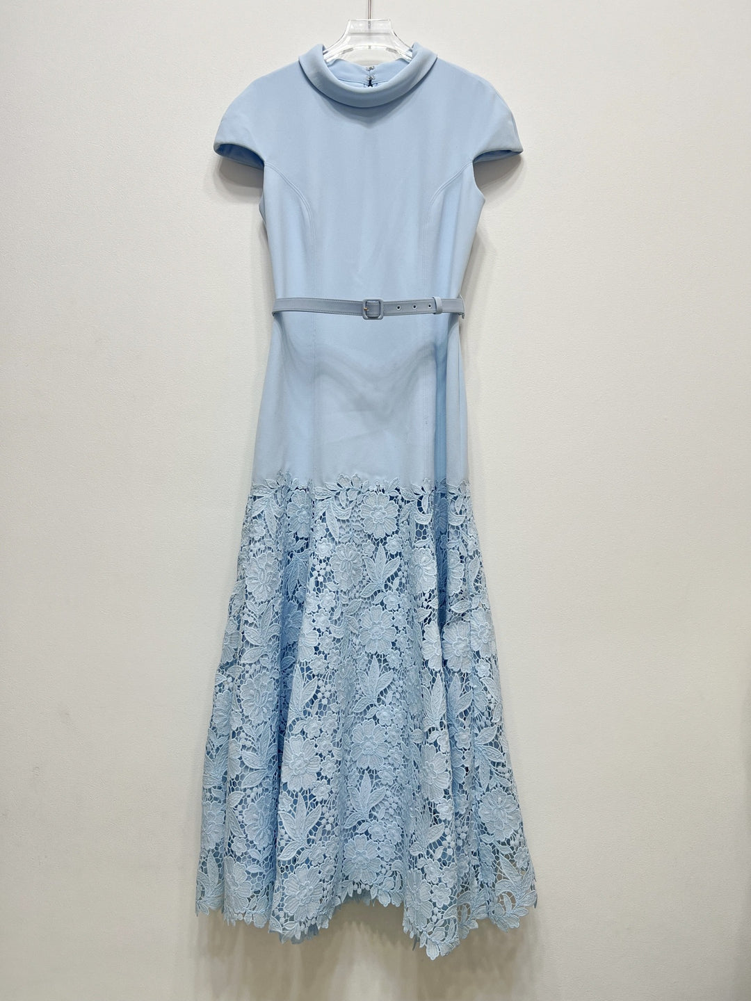 Blue Lace Patchwork Handmade Floral Waist-Cinching Long Dress