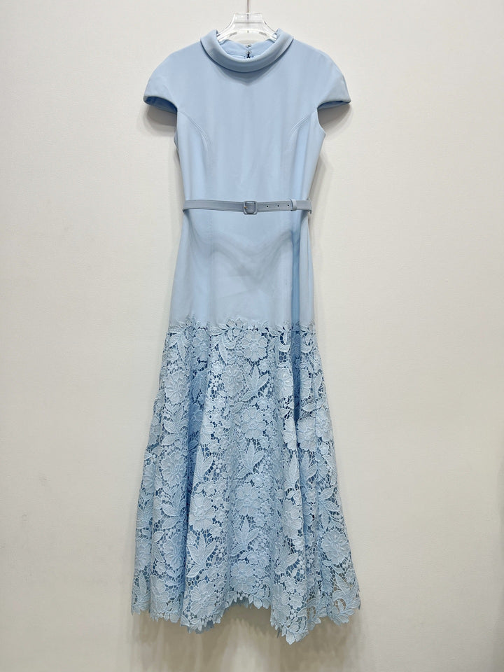 Blue Lace Patchwork Handmade Floral Waist-Cinching Long Dress