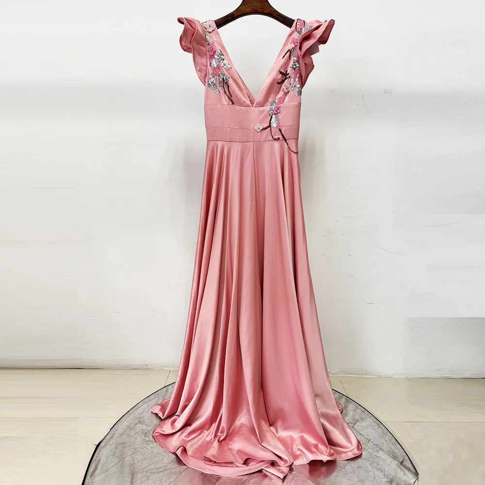 Rhinestone Hand-Beading V-Neck Evening Gown