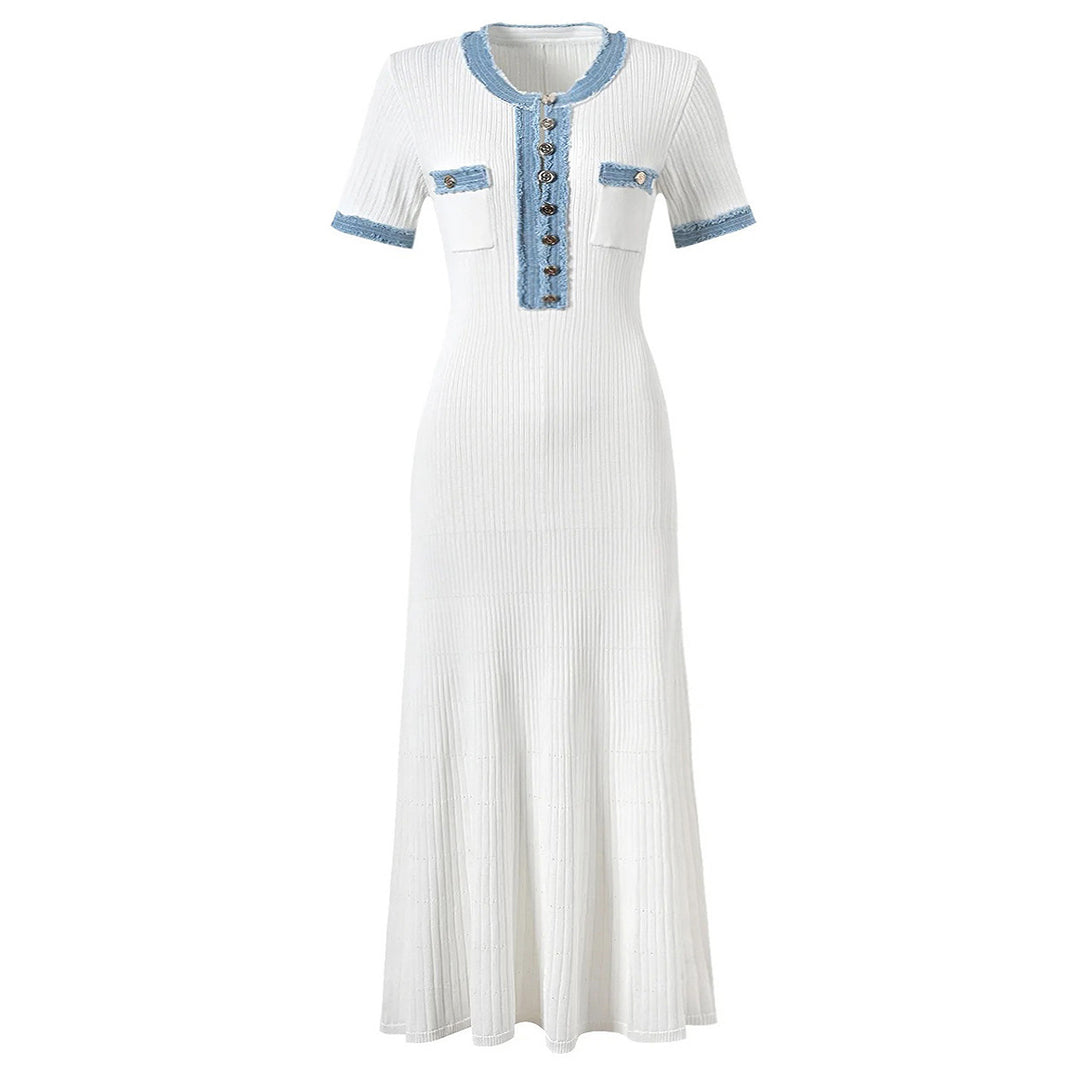 Aurelie Denim Patchwork Sculpting Knit Midi Dress