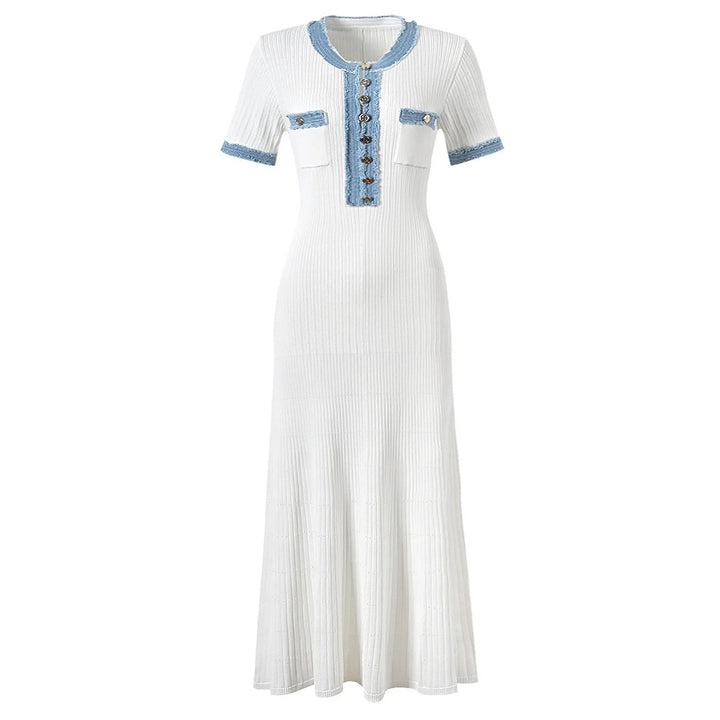 Aurelie Denim Patchwork Sculpting Knit Midi Dress