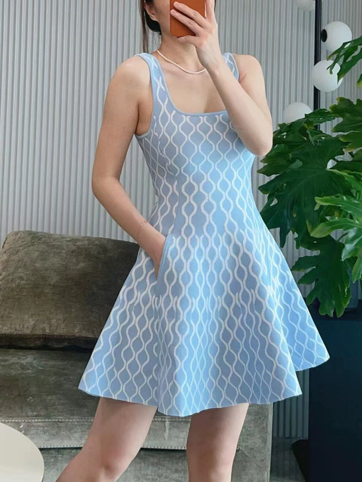 Inès Cerulean Square-Neck Sleeveless Knit Dress