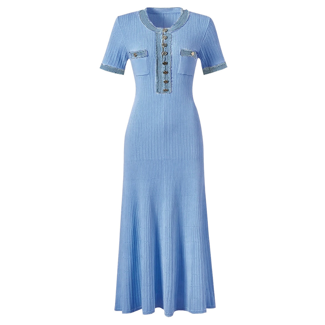 Aurelie Denim Patchwork Sculpting Knit Midi Dress