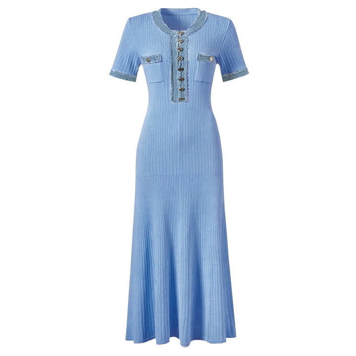 Aurelie Denim Patchwork Sculpting Knit Midi Dress